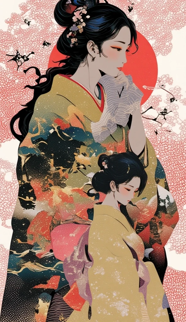 A collage art of women in yukata. The backdrop of a scenic sakura forest in Japan inside the woman's silhouette. Background of japanese sakura design patterns.