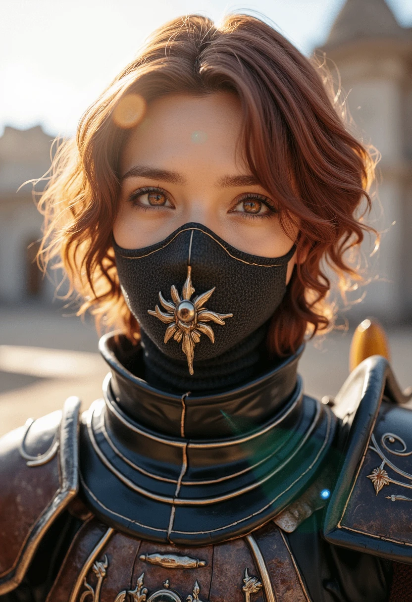 (Absurdres, Intricate Details, Masterpiece, Best Quality, High Resolution, 8k), 1 male, thin, young, aged up, masked, finely detailed eyes and face, auburn low-fade hair, amber eyes, portrait,  looking at viewer, solo, half shot, detailed background, (light fantasy theme:1.1),  focusing, mercenary,  sunshine, floating scraps,  color plate armor, divine aura, bright realistic lighting, marble castle, intense atmosphere, circlet, coat of arms,  brazier,  , Depth of Field, VFX.