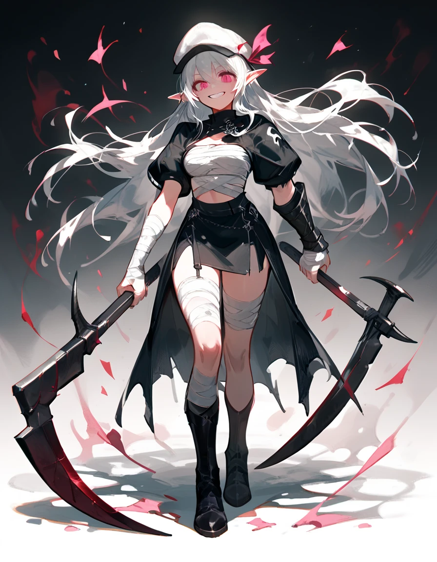 Elf Girl,White hair,In pink eyes ,canine,Bandage on the chest.,Scary smile,, full length bandage,Put on a tall white hat ,Holding a black giant sickle,With a black dog ,grim Reaper , giant sickle