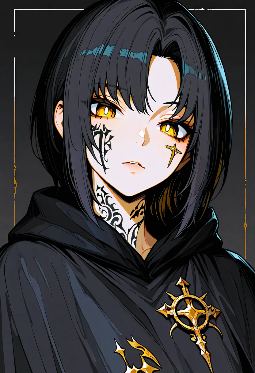 1girl, black hair, golden eyes, bright pupils, tattered black cloak, (diagnol rectangle tattoos on cheeks), masterpiece,best quality,amazing quality,very aesthetic,absurdres,newest