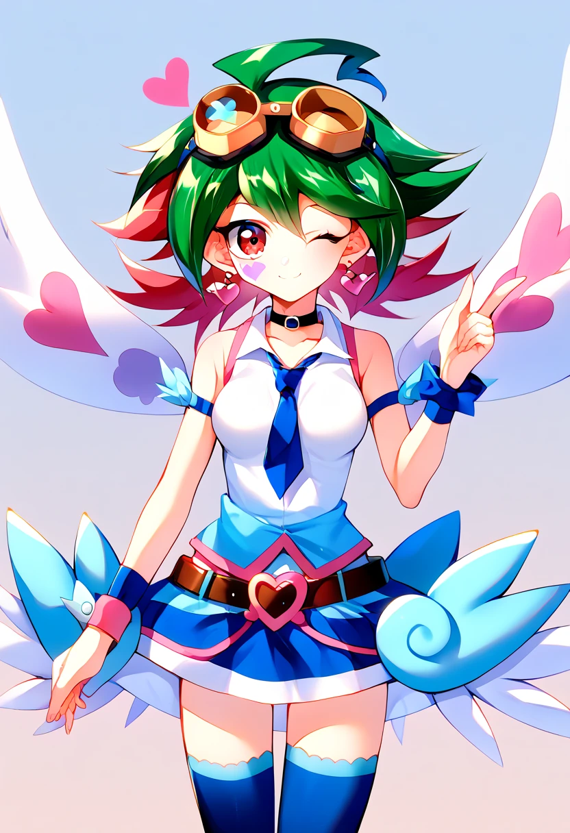 score_9, score_7_up, hd, (ultra hd quality details), source_anime, gradient background, solo, standing,skirt, 1girl, solo, yuya,  red hair, solo, ahoge, goggles, googles around neck, green hair, bangs, dyed bangs, red eyes, choker, multicolored hair, pendant, jewelry, spiked hair, belt, smile, wink,long low twintails,
bow, heart, earrings, heart earrings, heart hairhair bow, blue bow, tattoo, facial tattoo, breasts, medium breasts, shirt, skirt, thighhighs, jewelry, wings, necktie, sleeveless, choker, bracelet, blue skirt, zettai ryouiki, sleeveless shirt, blue necktie, blue thighhighs, cuffs, wrist cuffs, front view, facing viewer, cowboy shot, blue angel, yu-gi-oh!,

