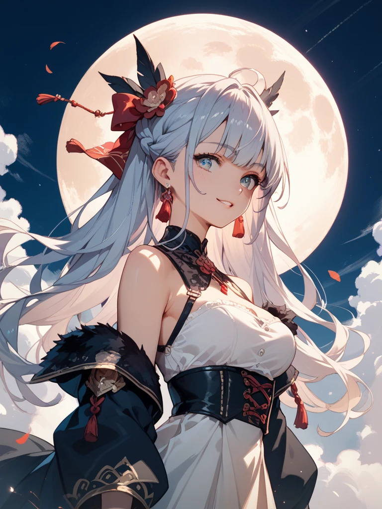 original character, Masterpiece, Best, Night, Full Moon, 1 Female, Mature Woman, Chinese Style, Ancient China, Elder Sister, Royal Sister, Cold Face, Silver White Long Haired Woman, Pale pink lips, calm three belts, gray pupils, assassin, flower ball background, street view, white-haired, medium breast, attractive aura, windy effect, bare shoulder