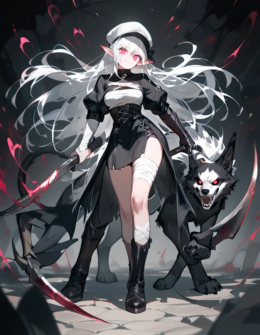 Elf Girl,White hair,In pink eyes ,canine,Bandage on the chest.,Scary smile,, full length bandage,Put on a tall white hat ,Holding a black giant sickle,With a black dog ,grim Reaper , giant sickle,A single sickle