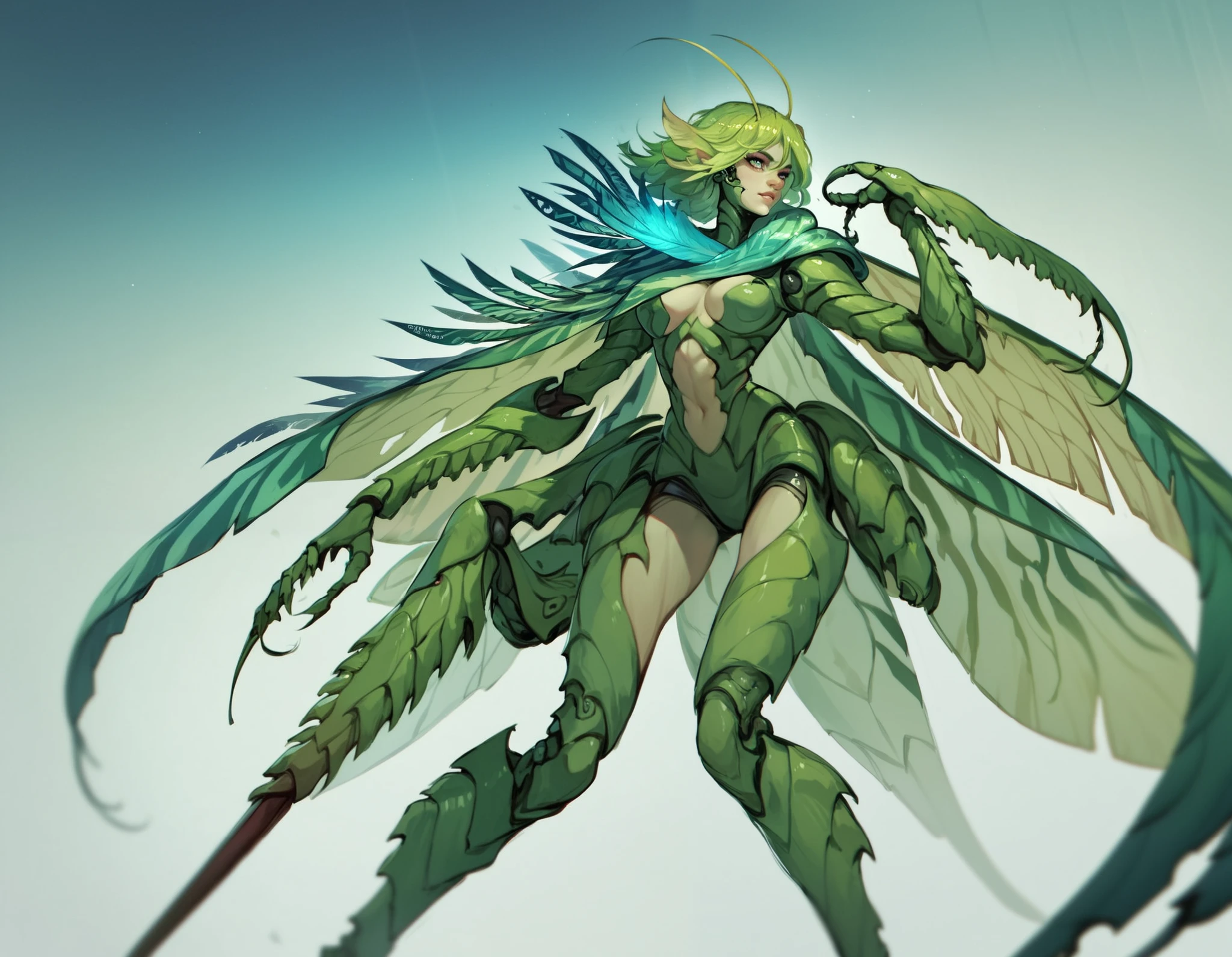 Humanoid mantis. Female. Green body. Weapon hands. Biomechanical body. Insect legs. Aurora feather cape.