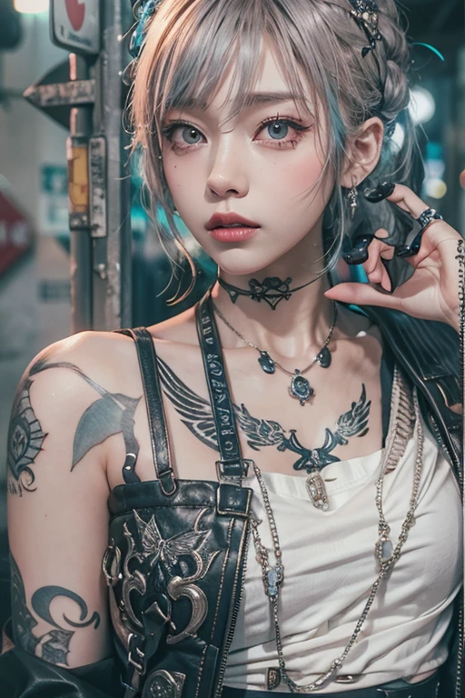 The prompts for the first theme are as follows:
"(Best Quality, 8K, 32K, masutepiece:1.3), Ultra-detailed, (Photorealistic:1.4), white colors, albino, Punk Girl, Detailed eyes, Upper body, Luxurious punk hair, Edgy punk fashion, Avant-garde makeup, Numerous piercings, Heavily tattooed body, Street background, Backlight effect, Shallow depth of field, Blurry background"