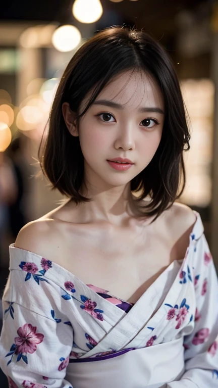 (masterpiece, highest quality:1.4), Beautiful Face, 8k, 85mm, Absurd, (white floral yukata:1.2), Face close-up, violet, Gardenia, Delicate woman, alone, night, View your audience, Upper Body, Film Grain, chromatic aberration, Sharp focus, Face Light, Professional Lighting, Sophisticated, (smile:0.4), (Simple Background, Bokeh Background:1.2), detailed aspects,(Show one breast:1.2)((flat chest:1.2), 