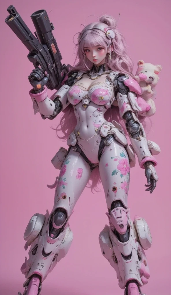 cute female robot, floral pattern on body, heavy weapons, kawaii mood, glowing pink joints and gaps, holding plush teddy bear, newest anime style, hyper detailed, vibrant colors, dynamic pose, highly detailed face and eyes, intricate mechanical design, whimsical, pastel palette, photorealistic, cinematic lighting, soft lighting, chiaroscuro, cinematic lighting, Fujicolor, 8k, masterpiece, UHD, retina, masterpiece, accurate, anatomically correct, textured skin, super detail, high details, high quality, award winning, best quality, highres, 1080P, HD, 16k