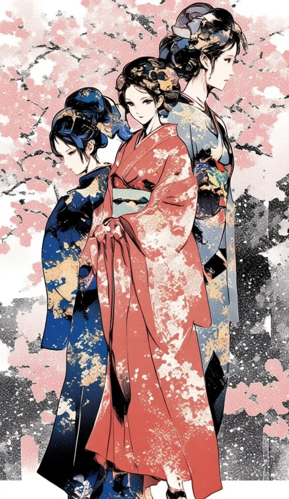 A collage art of women in yukata. The backdrop of a scenic sakura forest in Japan inside the woman's silhouette. Background of japanese sakura design patterns.