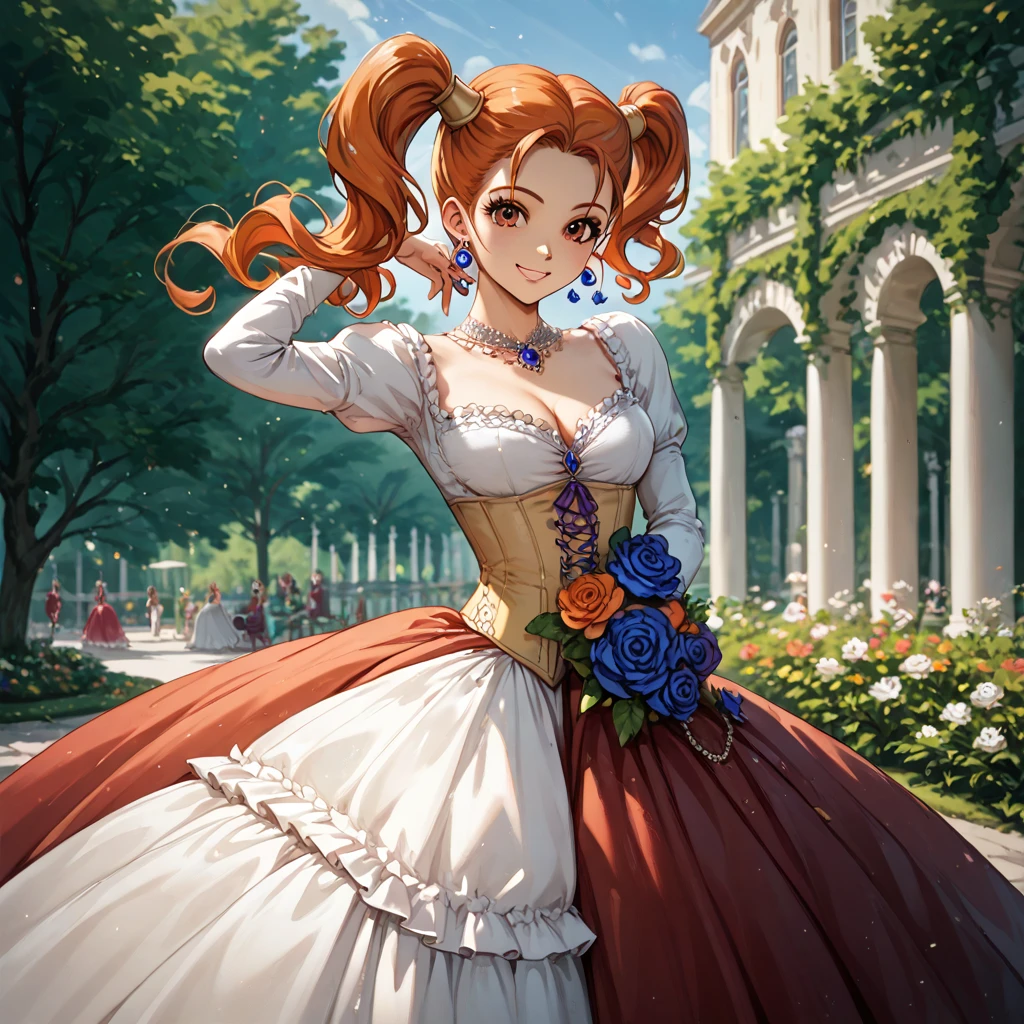 (( top quality )), ((masterpiece)), ( Details), （ perfect face）、The orange-haired Queen Jessica Albert is smiling in a gorgeous and elegant vintage Victorian dress in a pose showing off her charming body