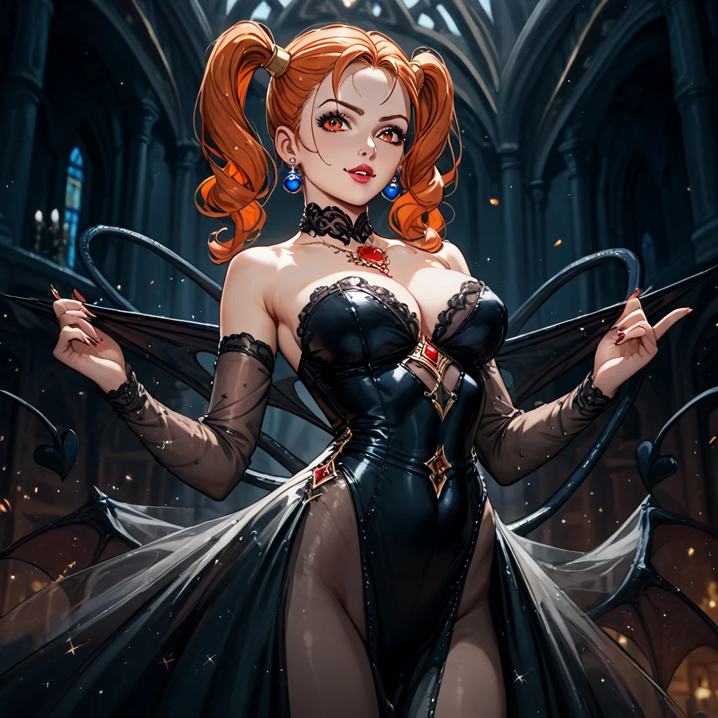 (( top quality )), ((masterpiece)), ( Details), （ perfect face）、Demon Queen's Orange-Haired Twintail Demon Curse Jessica Albert wears a see-through sexy black evil devil dress and snuggles up to the archdevil's lord