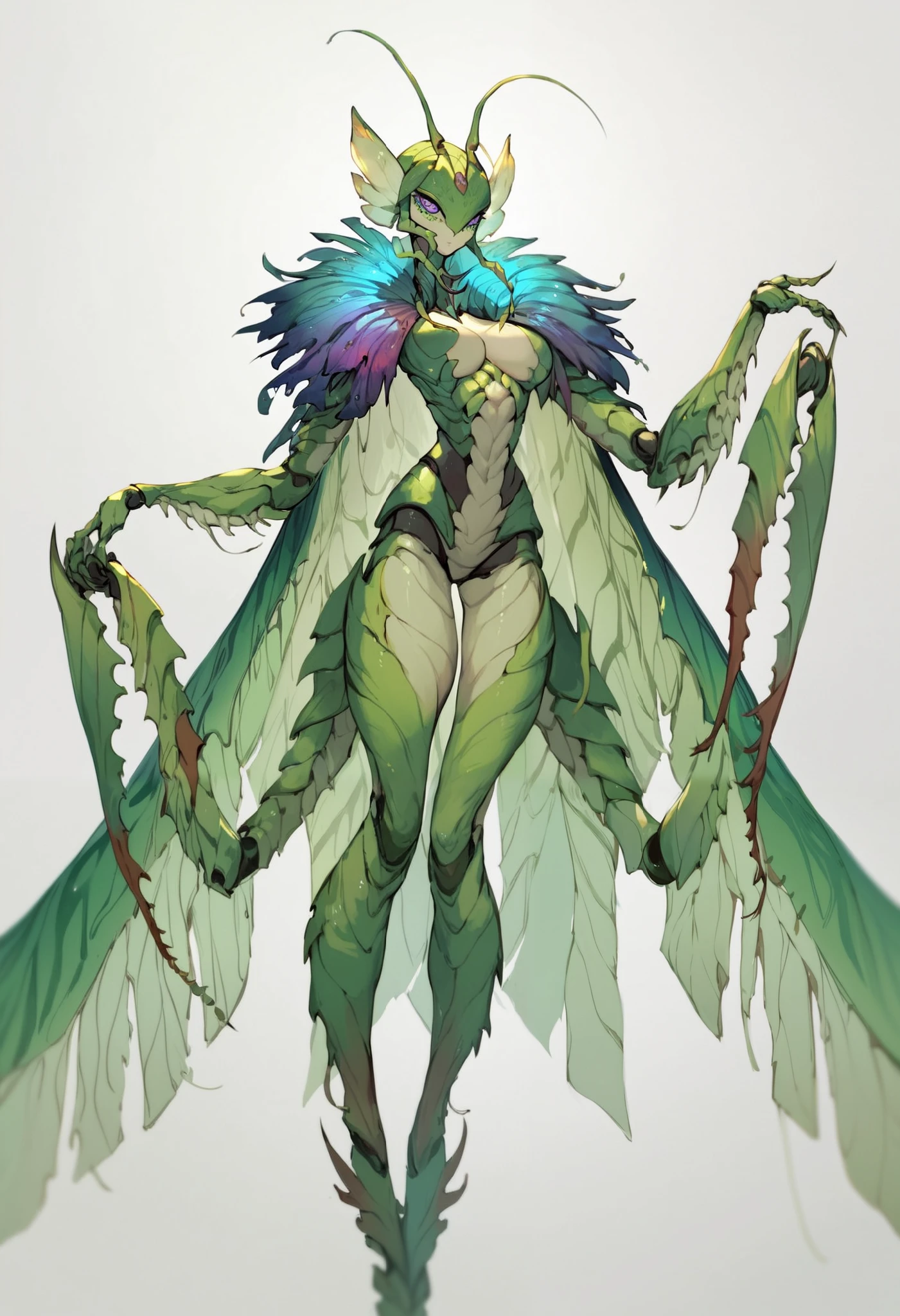 Humanoid mantis. Female. Mantis mask with sensor eyes. Green body. Weapon hands. Biomechanical body. Insect legs. Aurora feather cape.