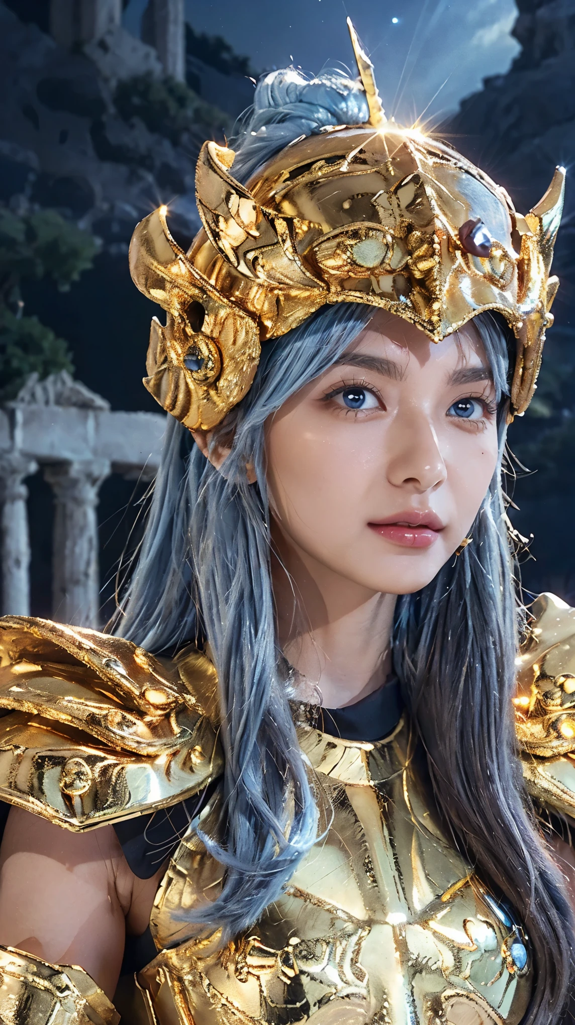 (( 1 woman ))) ((女神のような beautiful女性)), Ultra realistic photo shoot with cutting edge detail, Greek ruins in the background. ((Shining golden metal armor )), Saint Seiya Armor, (((Cancer Armor))), ( beautiful), (( mole under left eye)), Every detail, beautiful face with details, walking at the ancient Greek , ancient Greek , super high resolution , 8k, Milky Way, Night Sky, ((Wearing a golden helmet)), Sexy Armor , (( light blue hair)),((Holding a red rose )),( upper body),((( mole under left eye)))