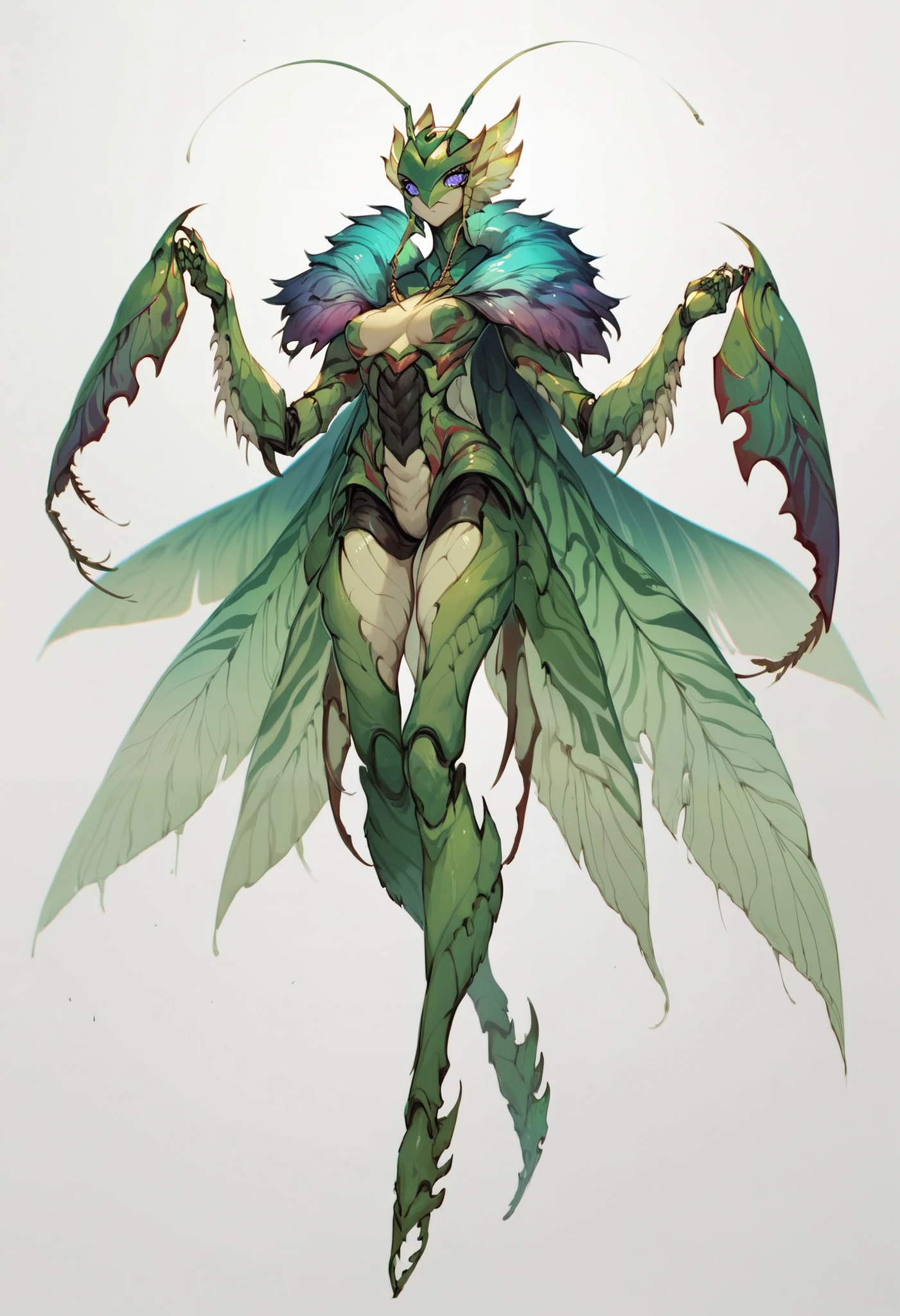 Humanoid mantis. Female. Mantis mask with sensor eyes. Green body. Weapon hands. Biomechanical body. Insect legs. Aurora feather cape.