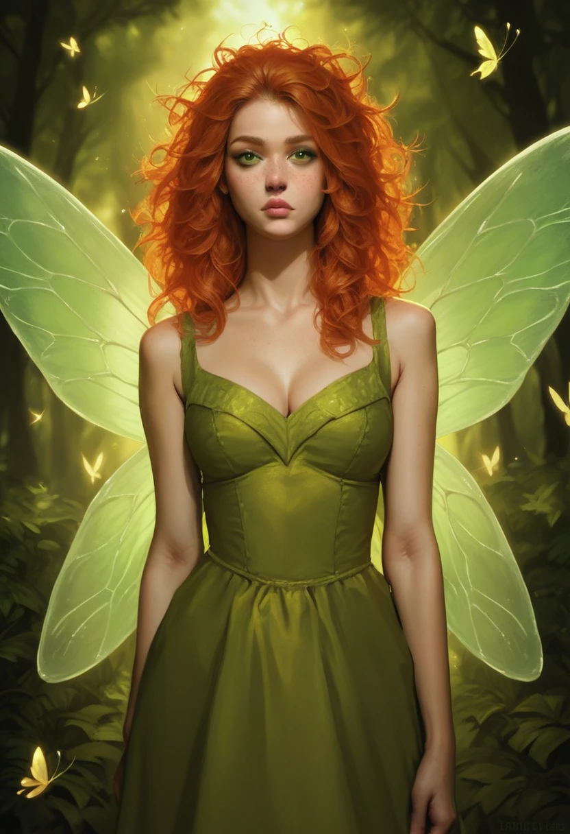 score_9, score_8_up, score_7_up, (realistic:1.4), very aesthetic, best quality, detailed face and eyes, fairy with wings, ginger hair, messy hair, dress, fireflies, forest, green eyes, (freckles:0.8)