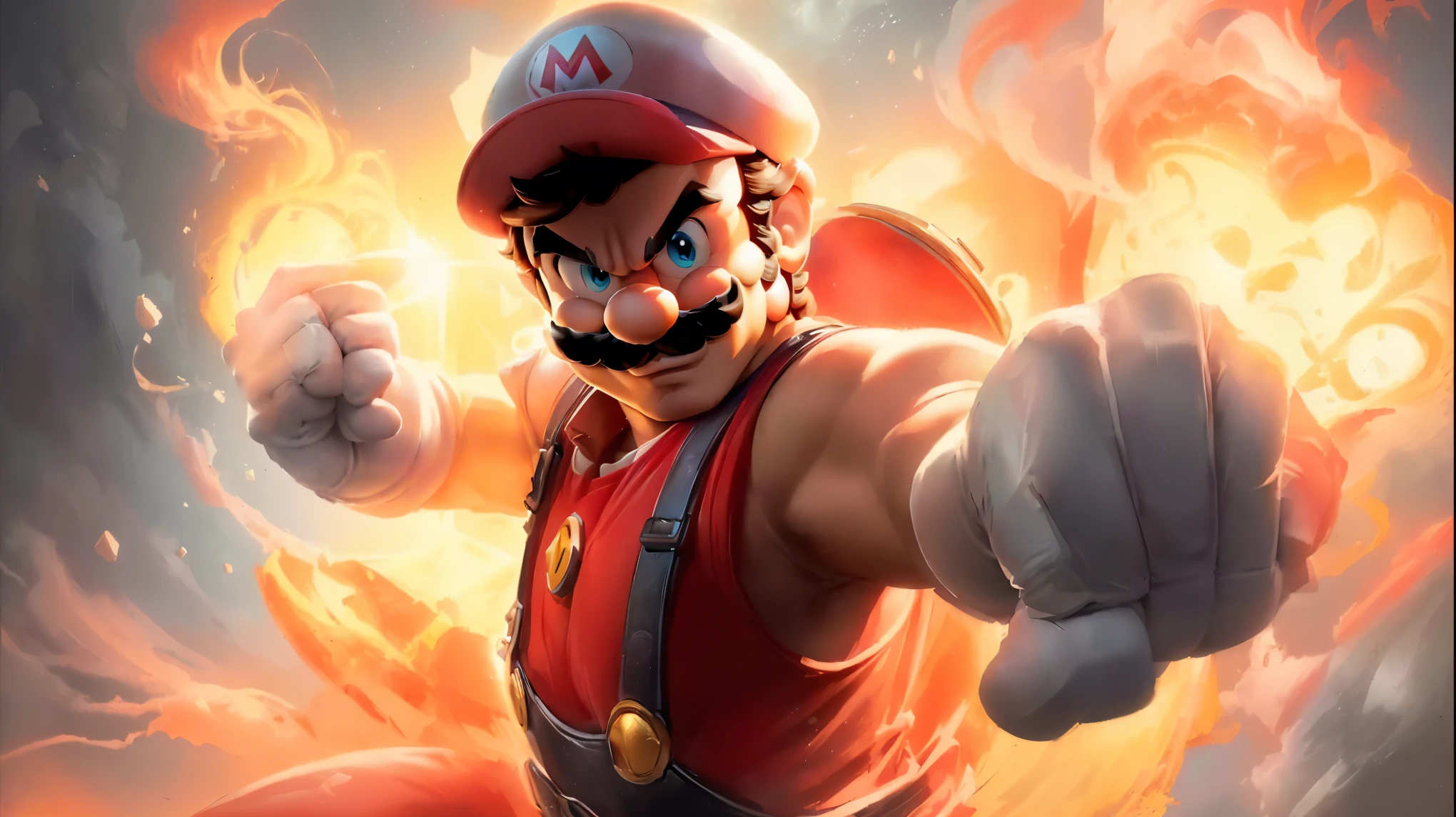 Mario Bros. fan art, serious face, Mario fan artwork, Nintendo game art, strongest, strongest, Mario, super mario portrait, Mario portrait, blazing inferro, super mario portrait, inspired by Mario Cooper, "Akihiko Yoshida", super mario, (fire), inspired by Mario Baldi, Inspired by Mario Dovsky, HD artwork