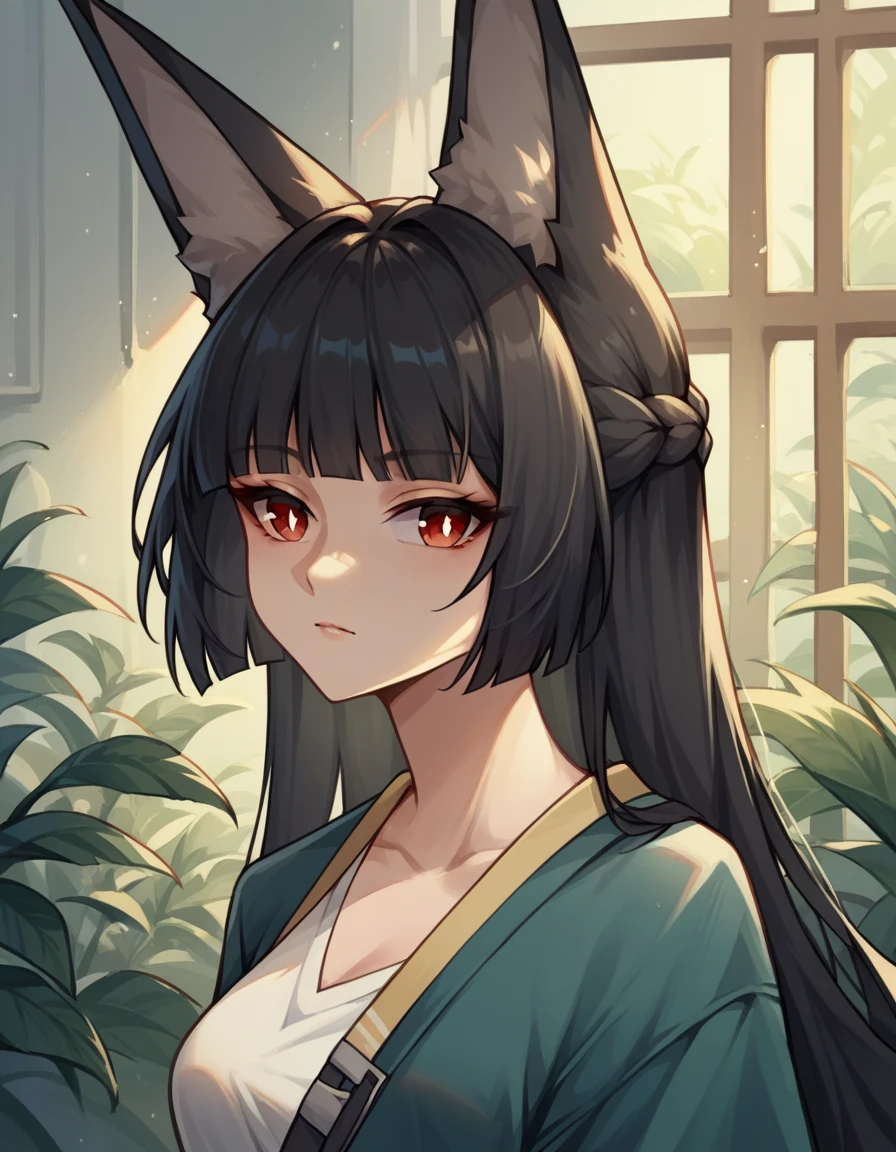 miyabihoshimi, miyabi hoshimi,animal ear fluff, animal ears, black hair, bright pupils, fox ears, fox girl, half updo, long hair, red eyes, sidelocks, white pupils,