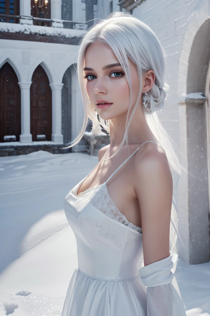 best quality, 8k, very delicate and beautiful, highly detailed face and skin texture, shiny skin, high resolution, sexy white hair european woman in white long dress in castle under the snow, sharp focus