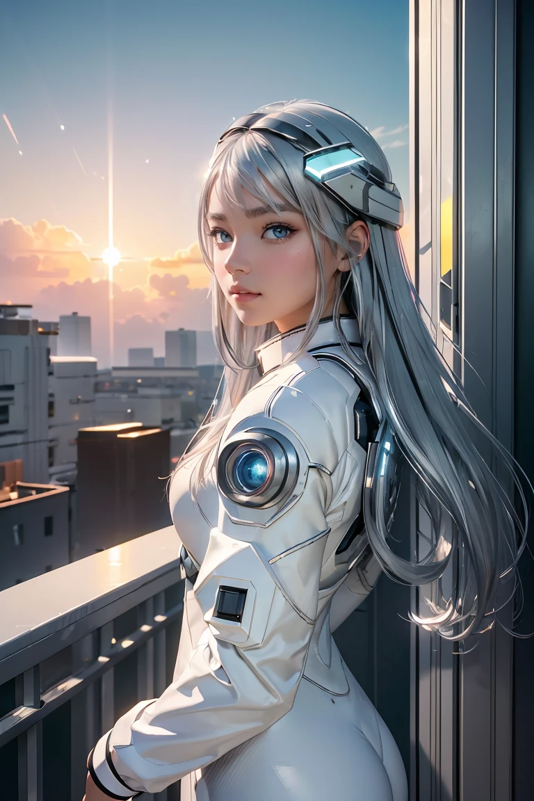 ((masterpiece, best quality, extremely detailed), volumetric lighting, ambient occlusion, colorful, glowing), 
1girl, solo, young girl, (silver hair), long hair, halo, aura, sacred, goddess, cyber suit, (white outfit:1.3), 
outdoors, sunset, sky, clouds, space, (cyberpunk theme:1.2),