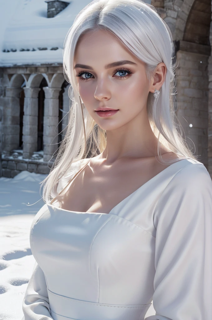 best quality, 8k, very delicate and beautiful, highly detailed face and skin texture, shiny skin, high resolution, sexy white hair european woman in white long dress in castle under the snow, sharp focus