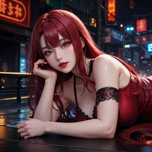 (at night), alone, in a video game scene, a background of a beautiful city during the day raining, standing at attention, red hair, fiusha-colored clothes ((red hair)), 1 girl, alone, 20 years old, woman young, perfect and beautiful hands with perfect fingers, beautiful long legs, perfect legs, beautiful body, beautiful nose, beautiful character design, perfect face, looks at the viewer (focusing on the entire character), closed mouth, Light_Smile, official art, extremely detailed 8k CG wallpaper unit, perfect lighting, bright and colorful front lighting, glowing skin (masterpiece: 1.0), (best quality: 1.0), ultra high resolution, 4K, ultra detailed photography, 8K, HDR, high resolution, nonsense: 1.2, Kodak portra 400, film grain, blurred background, bokeh: 1.2, lens flare, (vibrant_color: 1.2), professional photography, (beautiful_face: 1.5), (narrow waist),