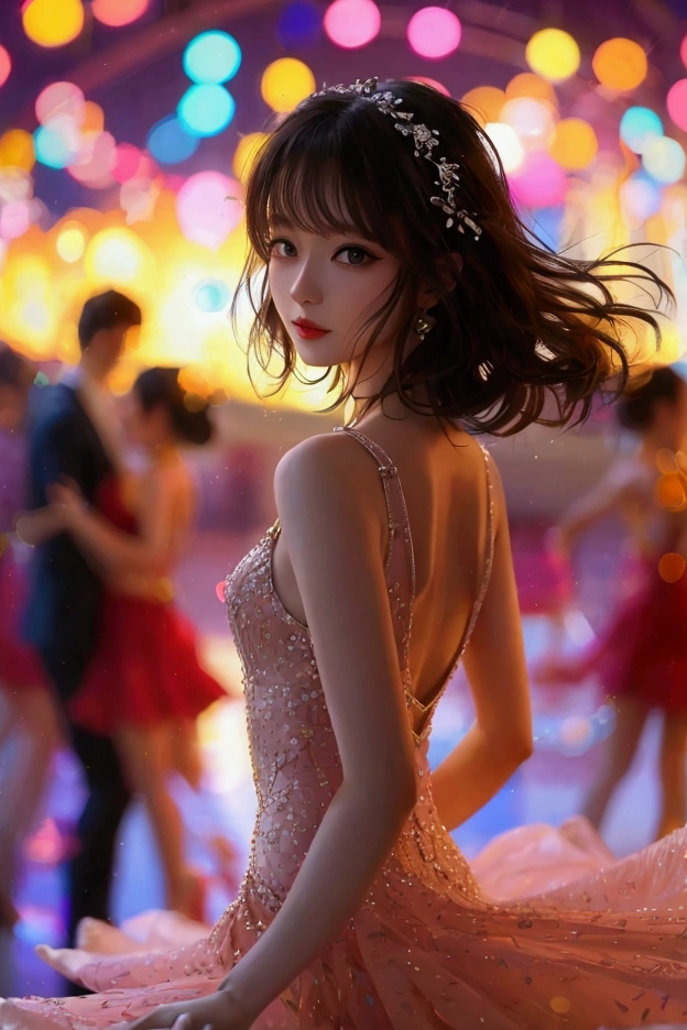 Photorealistic, Realistic, Best Quality, Masterpiece, High Definition, 8K UHD, DSLR, Soft Lighting, High Definition, 4K, 8K, Night Sense, Dim Lighting, Candlelight, ((Background with Bokeh Light)))) Maiden, Back View, Cute, (Happy), (Smile), Medium, Short Hair, Pan Hair, Parrot Burn Hair, Brown Eye, (Fine Eyes), ( Detailed facial features, etc.), (detailed dress features), tight skin, (shiny girl), (slender girl), (single woman, solo), princess, gown, hair ornament, necklace, jewelry, jewelry, crystal, majestic
