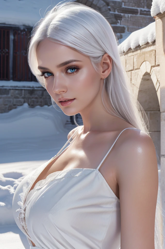 best quality, 8k, very delicate and beautiful, highly detailed face and skin texture, shiny skin, high resolution, sexy white hair european woman in white long dress in castle under the snow, sharp focus