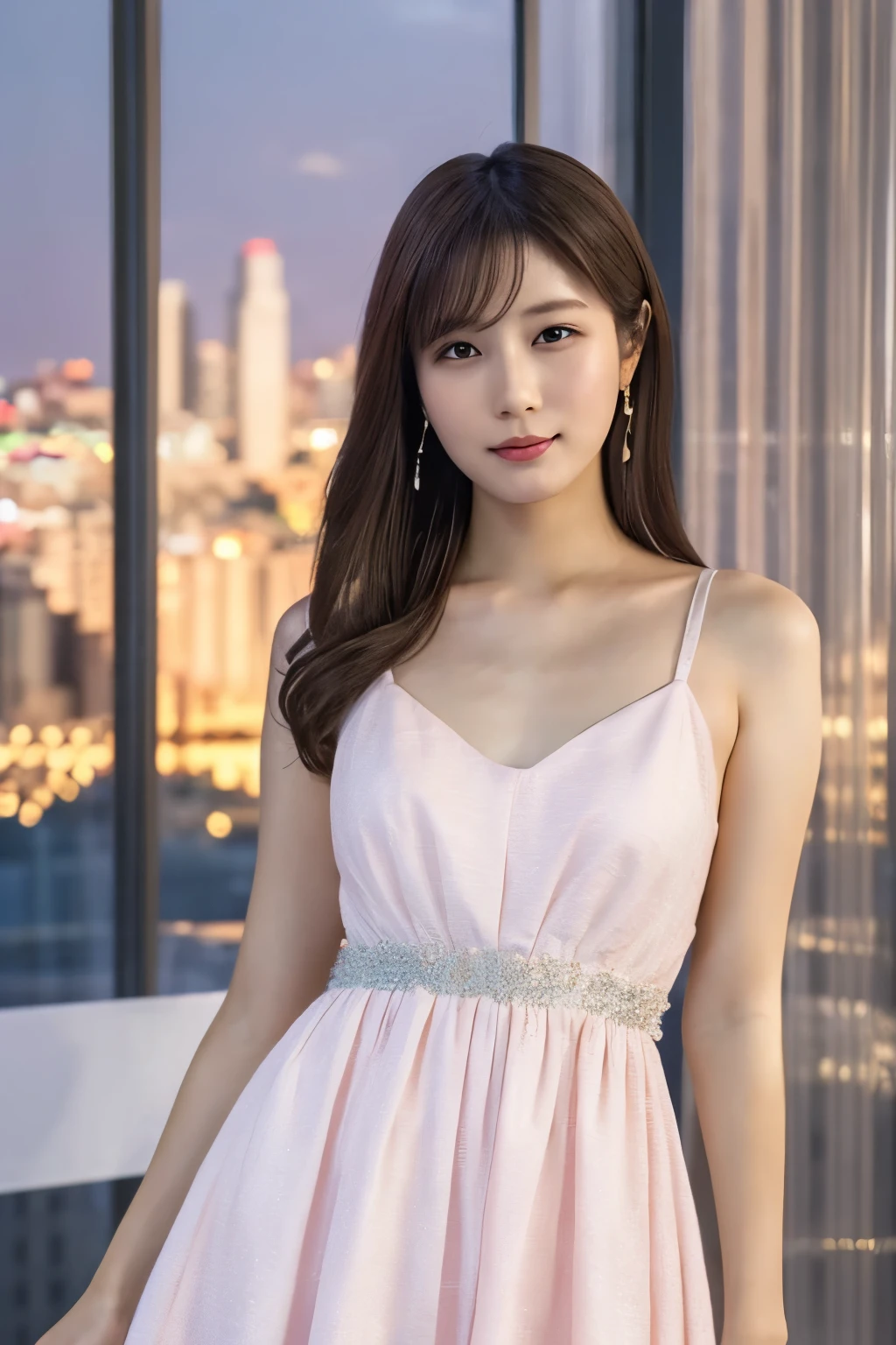 1 girl, very beautiful portrait of Japanese girl Anna wearing a light pink costume, (A beautiful girl wearing a fairytale dress :1.2),
( RAW photo best quality ), ( realistic , realistic :1.4), (masterpiece),
very detailed, 2k wallpaper, wonderful, finely, very detailed, CG Unity 8K Wallpaper , very detailed, high definition , Soft light,
A beautiful girl carefully painted in every detail, very detailedな目と顔, Beautiful and Elegant Nose , beautiful beautiful eyes, movie lighting,
(Bromide photography ),
(Medium hair), ( hotel room), (window), (standing against a city skyline at night:1.3),
perfect anatomy, slender body, small breasts, Thin legs, Cowboy Shot