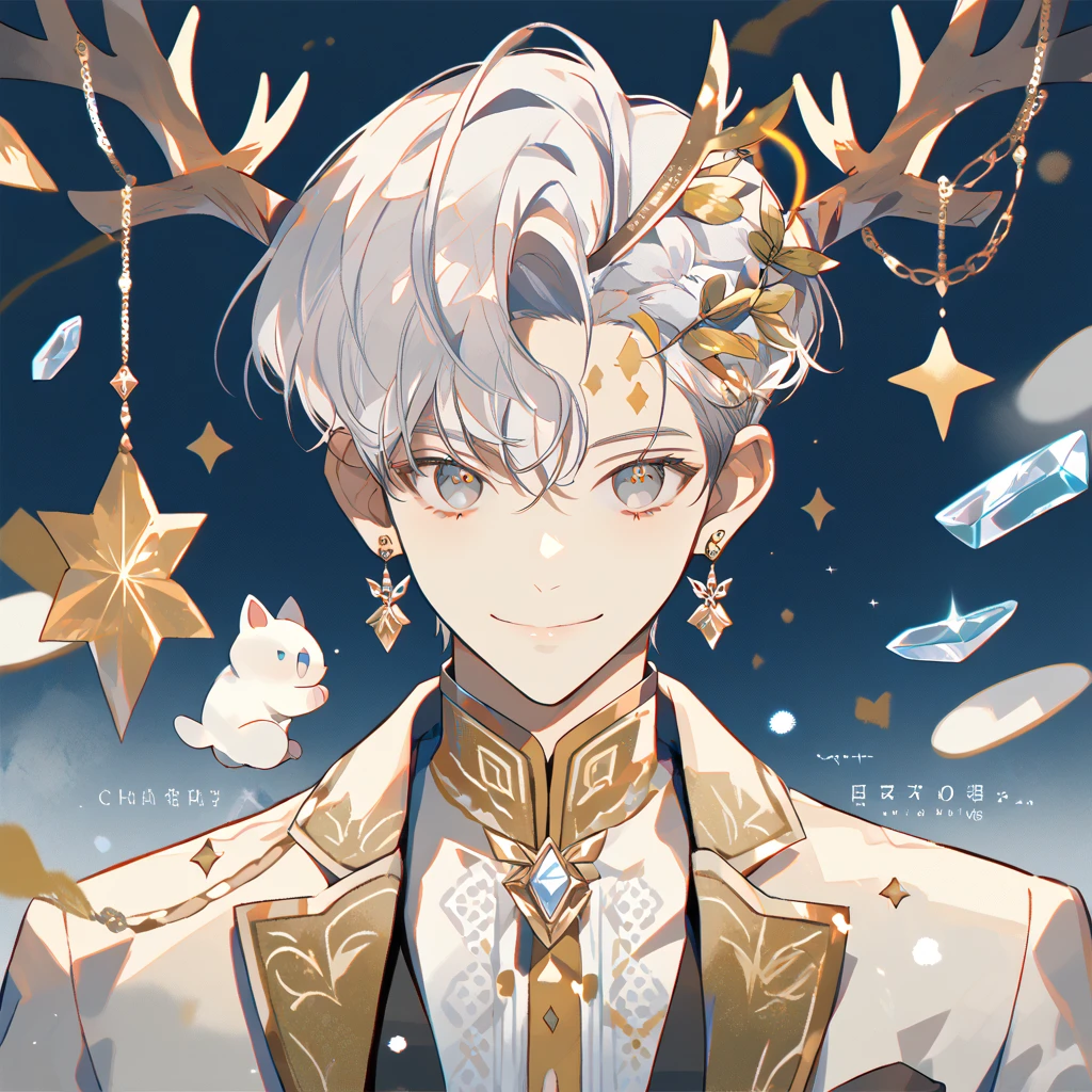  A small flower bud grows on top of the head of a little white cat, jewelry,  Shine Effect ,  in my treachery, a part of the chain , hair flower, Movie, gray hair, crystal earrings,  antlers, Dutch Golden Age painting ,  split lens, Smile, 