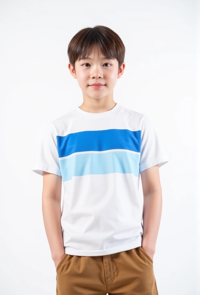 A good-looking  boy , with short hair, wearing a white t-shirt with a blue stripe design and brown shorts, standing against a white background.