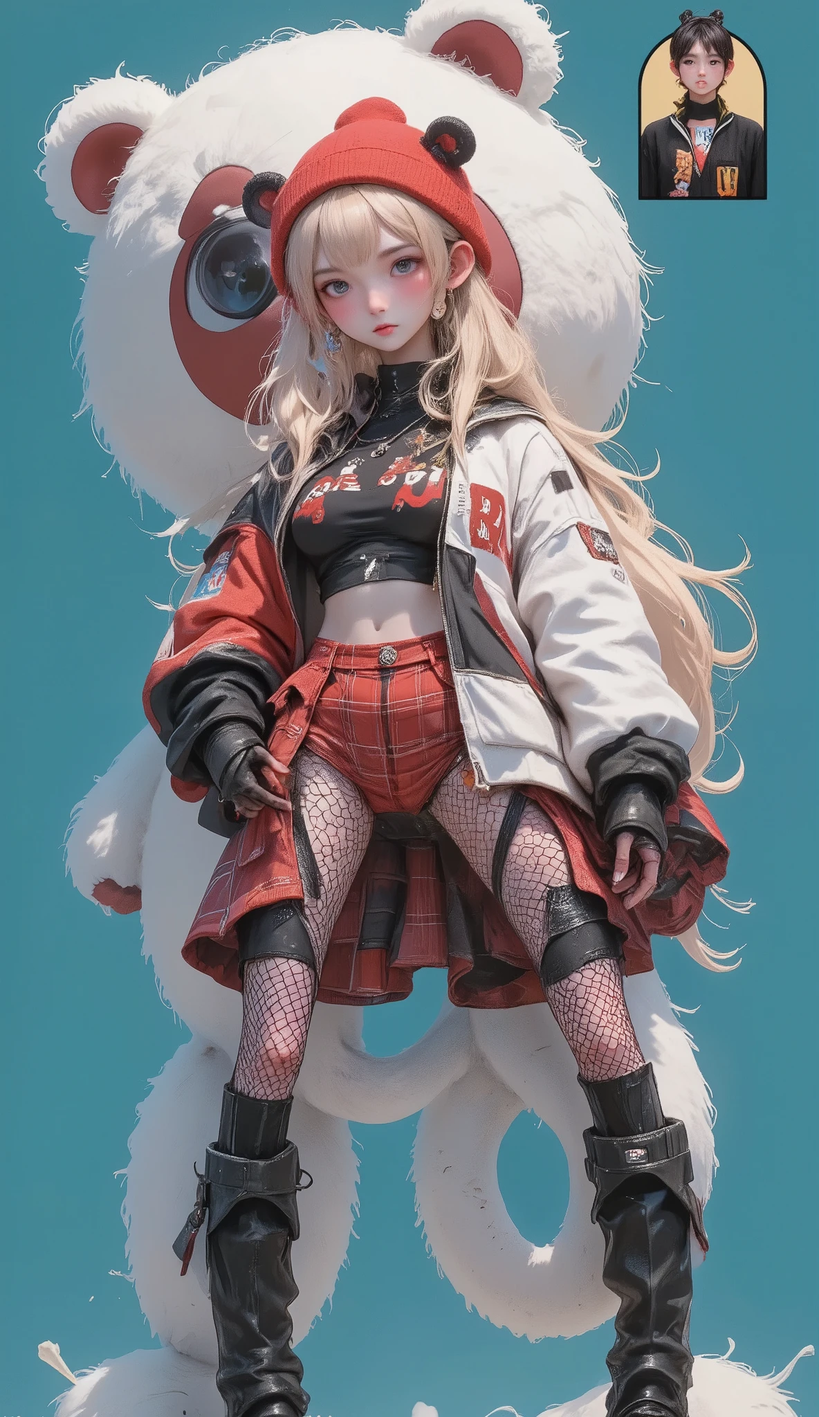  anime girl with a giant teddy bear behind in the background,  she is half profile ,  red and black plaid miniskirt ,  three-quarter fishnet stockings , long black boots,  white sweatshirt with red letters , blonde hair blowing in the wind, red wool hat ,  red and black jacket falling on her shoulders , Cyan background ,  an anime drawing of Masamune Shirow  , trend on pixiv, Furry art, Danganronpa digital art,  anime style, anime style”,  blonde anime girl with long hair ,  High quality anime art style ,  ranked among the best in pixiv , beautiful anime high school girl, obra de arte de  anime style,  trending anime illustration 