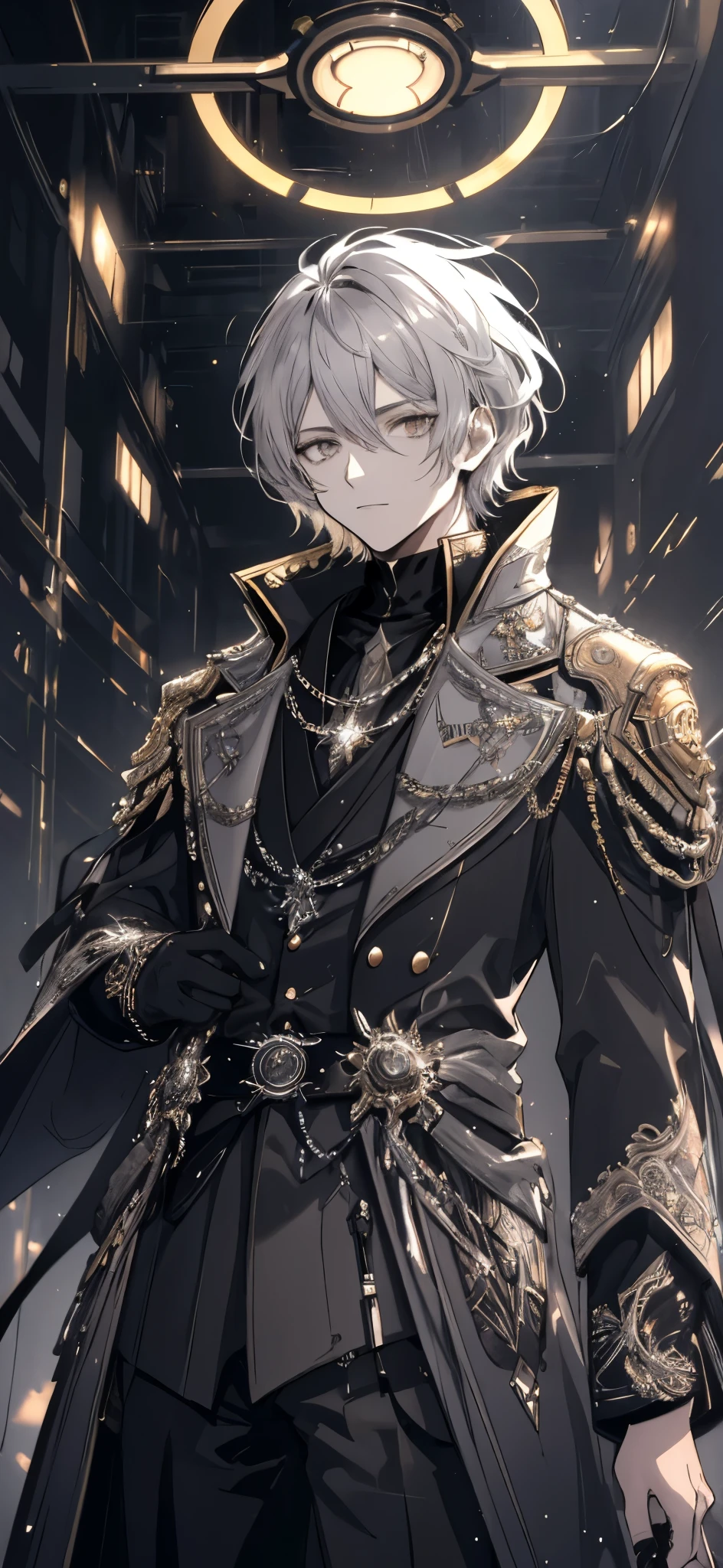 Stylish anime portrait, young man, short dark hair, light-gray eyes, sophisticated dark-colored outfit, intricate metallic geometric patterns, high-detail painterly style, metallic silver and gray coat with intricate design elements, dramatic circular halo backdrop, gold and dark tones, refined and supernatural aesthetic, futuristic cyberpunk or fantasy setting, rich textures, muted cool color palette --ar 4:5 --s 500 --v 6 --niji 6