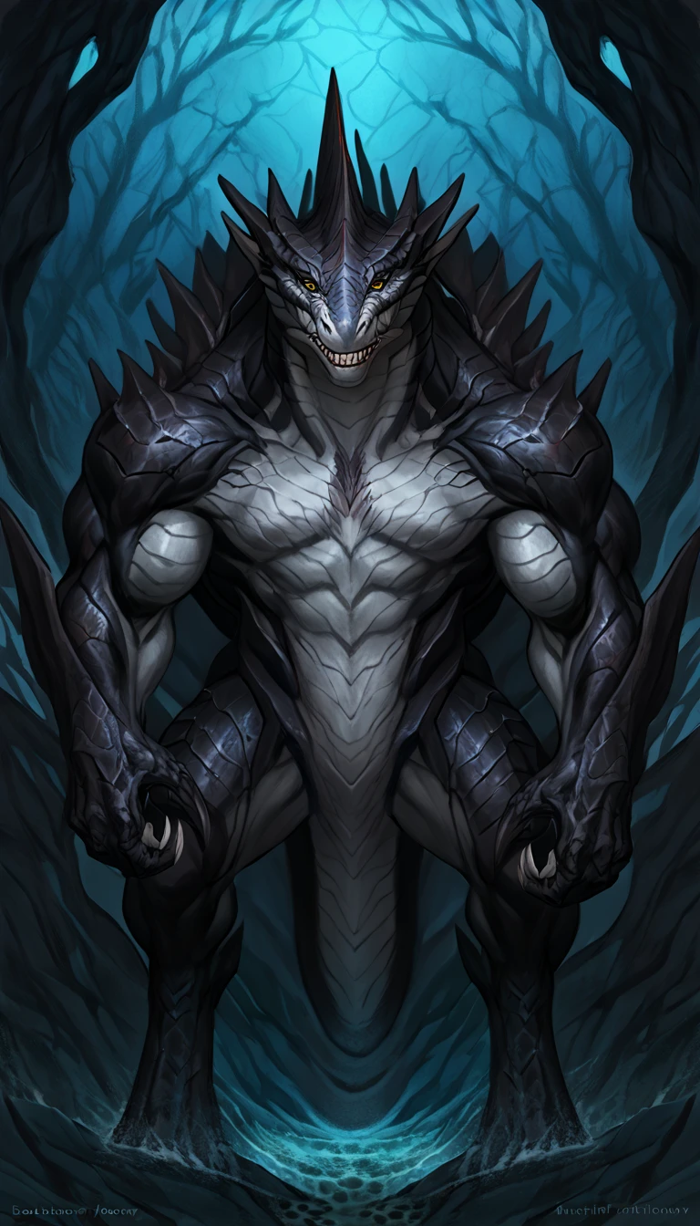 sharkfolk, anthro shark, solo, machina, scaly, detailed skin, experienced predator, monster, grin, gray body, black arms, matte body, toned, muscular anthro, big muscles, scars on body, 1male solo, anthro, muscular, thick neck, thick tail, strong arms and legs, sharp fins, pants, marked jaw, shark snout, water cave scenery, horror, best quality, 4k, ultra-detailed, by laobai, by taran fiddler, by honovy, mechanical corruption