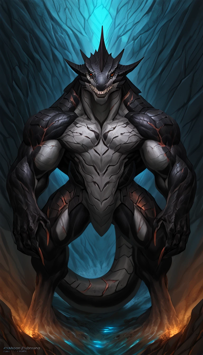 sharkfolk, anthro shark, solo, machina, scaly, detailed skin, experienced predator, monster, grin, gray body, black arms, matte body, toned, muscular anthro, big muscles, scars on body, 1male solo, anthro, muscular, thick neck, thick tail, strong arms and legs, sharp fins, pants, marked jaw, shark snout, water cave scenery, horror, best quality, 4k, ultra-detailed, by laobai, by taran fiddler, by honovy, mechanical corruption