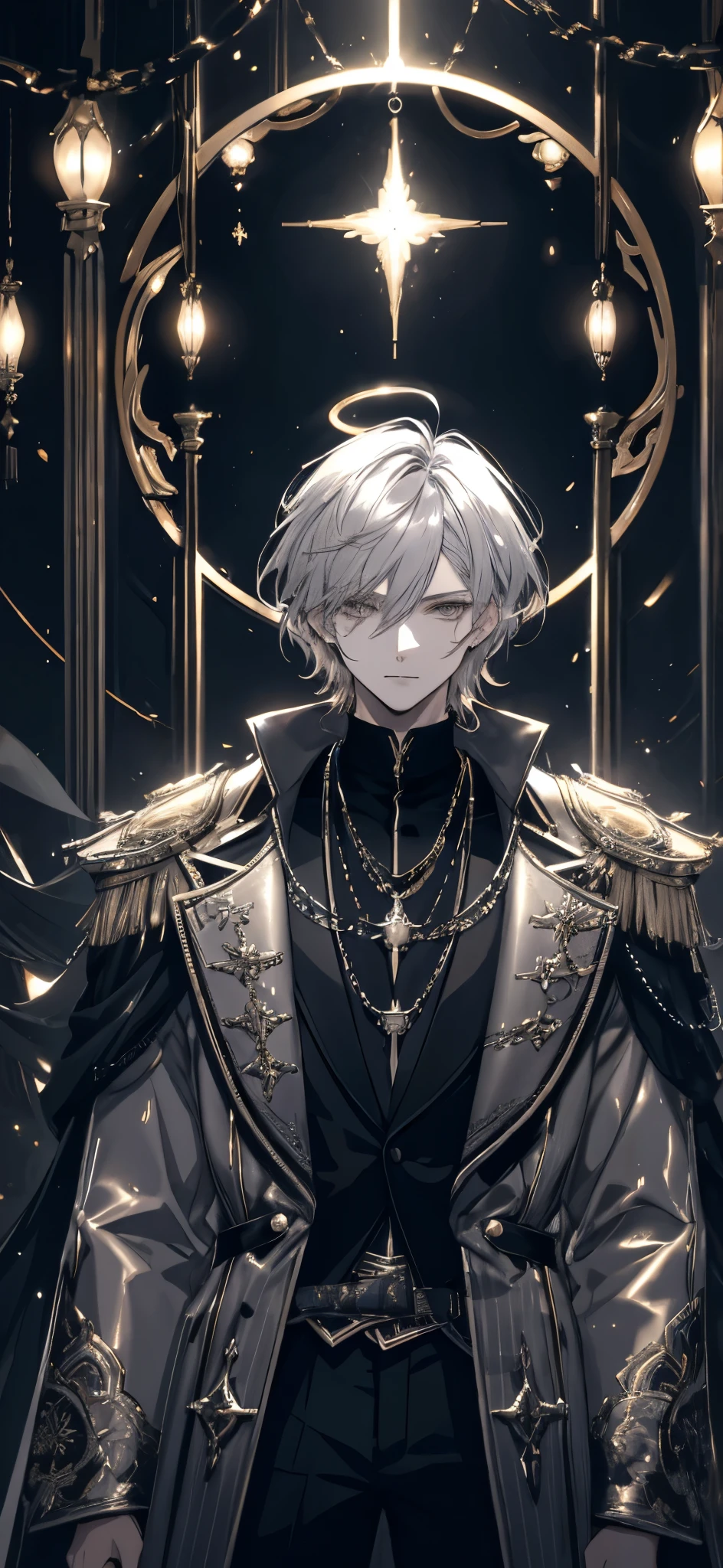 Stylish anime portrait, young man, short dark hair, light-gray eyes, sophisticated dark-colored outfit, intricate metallic geometric patterns, high-detail painterly style, metallic silver and gray coat with intricate design elements, dramatic circular halo backdrop, gold and dark tones, refined and supernatural aesthetic, futuristic cyberpunk or fantasy setting, rich textures, muted cool color palette --ar 4:5 --s 500 --v 6 --niji 6