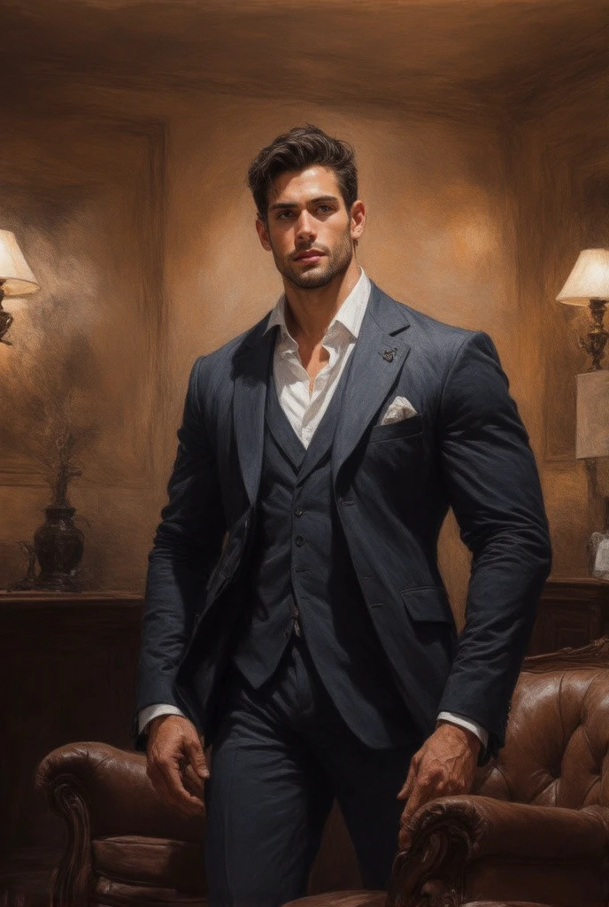 A handsome muscular man in the office, soft oil painting midjourney style, dark lighting 