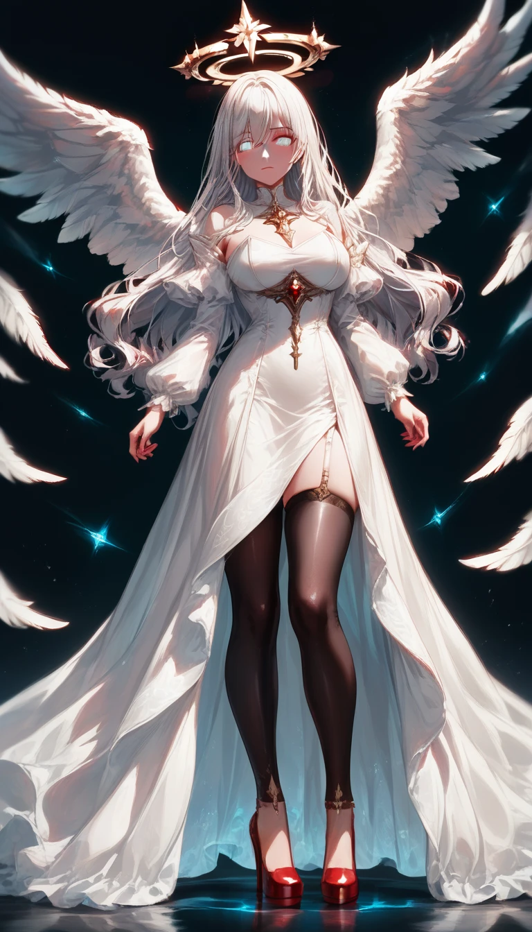 score_9, score_8_up, score_7_up, score_6_up, score_5_up, score_4_up, a picture of magnificent  female angel, busty long hair, dynamic hair color, long hair, wavy hair, shining blue eyes, white wings, wearing intricate elegant black leather dress, wearing ((red high heels: 1.5)), wings have angel wings angel, pale skin, angel wings, wings, white wings, white hair, white eyes, glowing eyes, white dress with golden pattern, Halo, fantasy,  black latex corsage, black stockings,