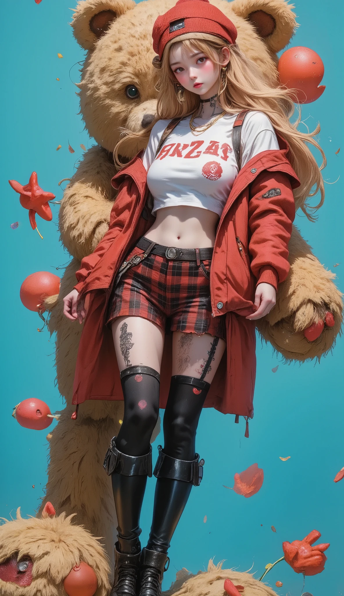  anime girl with a giant teddy bear behind in the background,  she is half profile ,  red and black plaid miniskirt ,  three-quarter fishnet stockings , long black boots,  white sweatshirt with red letters , blonde hair blowing in the wind, red wool hat ,  red and black jacket falling on her shoulders , Cyan background ,  an anime drawing of Masamune Shirow  , Sensual dynamic pose, trend on pixiv, Furry art, Danganronpa digital art,  anime style, anime style”,  blonde anime girl with long hair ,  High quality anime art style ,  ranked among the best in pixiv , beautiful anime high school girl, obra de arte de  anime style,  trending anime illustration 