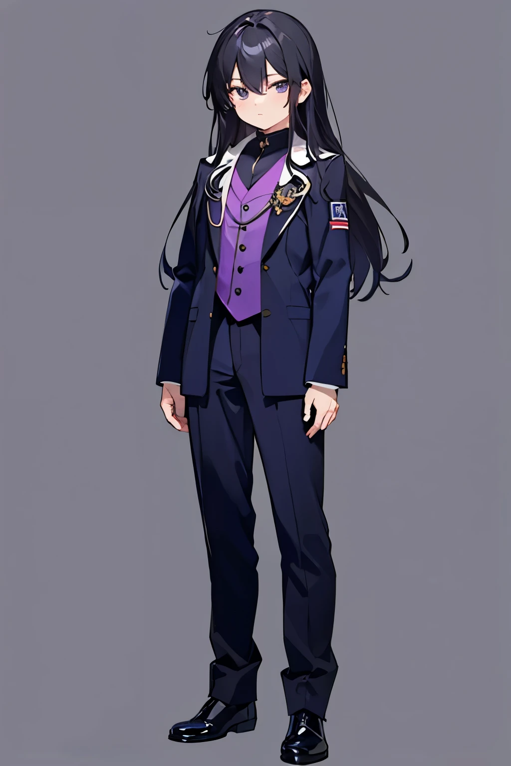 full body painting from head to toe、stand up、Front view、 anime style、male、 black hair、Full body painting from head to toe in a purple and navy suit 、 long hair、Looks kind、 no background 