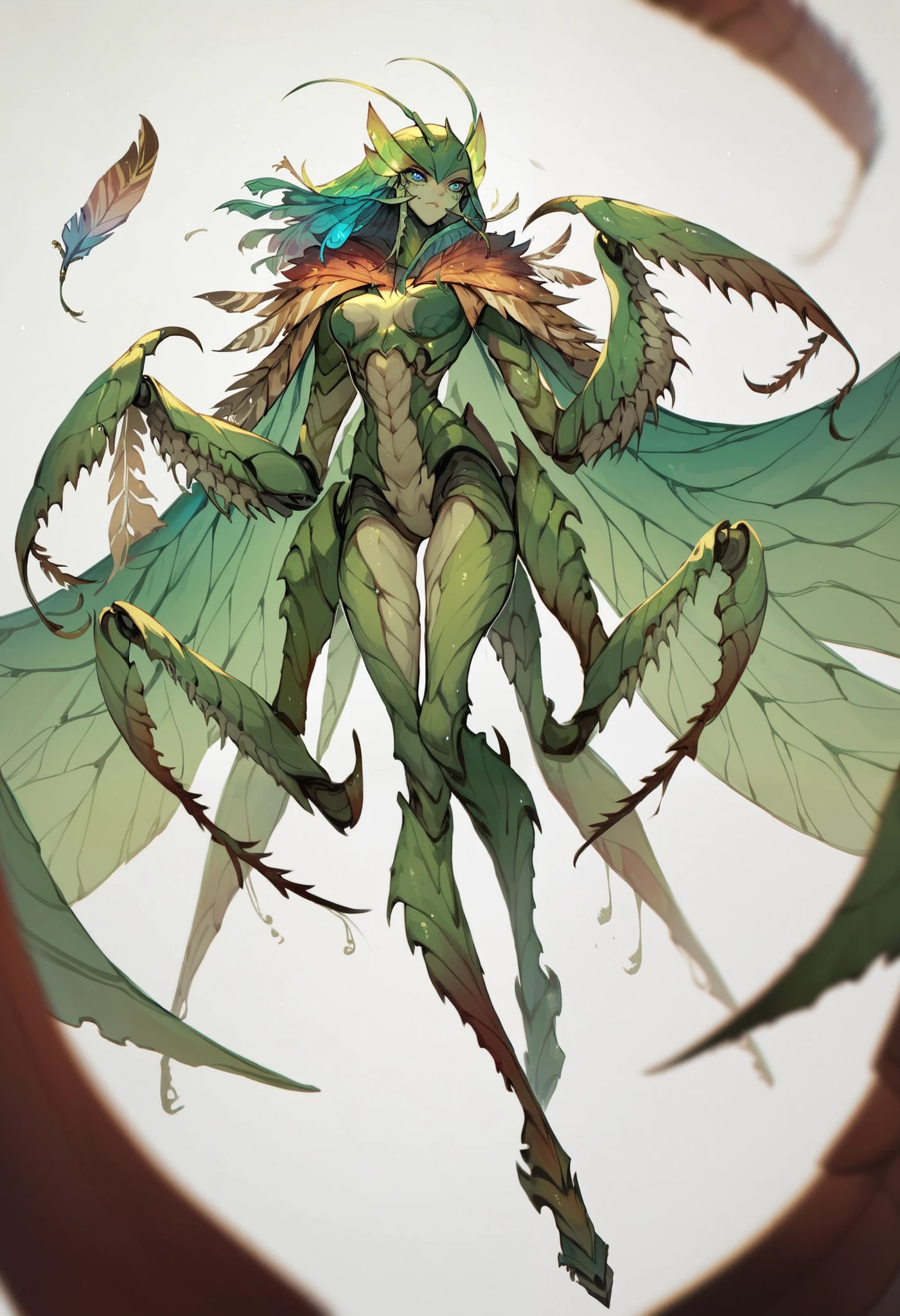 Humanoid mantis. Female. Mantis mask with sensor eyes. Green body. Weapon hands. Biomechanical body. Insect legs. Aurora feather cape.