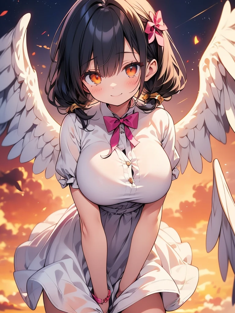 ((Masterpiece)),(Best Quality),(Highest resolution),(8K),(Clean lines),(Perfect Face,Perfect meat),(Official Art),(Magical girl),, 8-year-old, Cute white outfit, Short Hair, ribbon, huge breasts, Fat, Cowboy Shot,Big angel wings, Night Sky, smile