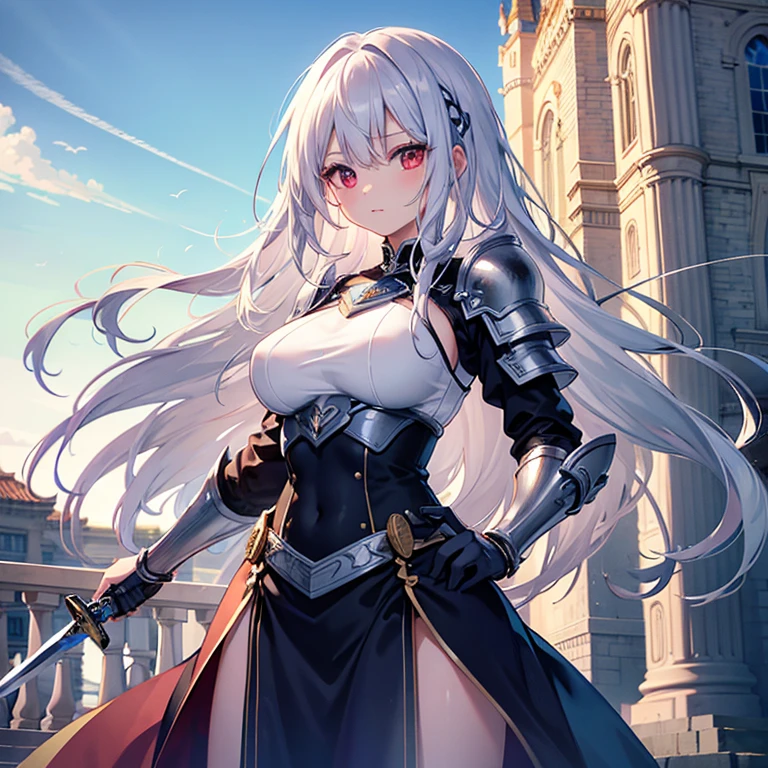 (( top quality )), ((masterpiece)), (  Details), ( super high resolution )、 cute girl、 very young、solo、
( Silver Hair、 very long straight hair)、 red eyes、 very big breasts、
 perfect face、 perfect body、Perfect Hair、超 Detailsな肌、超 Detailsな瞳、
( holding a big sword、 has a weapon 、Silver Armor)、
whole body、 standing、( cowboy shot 1 · 3 )、
blue sky、In front of the castle gate、 professional lighting、