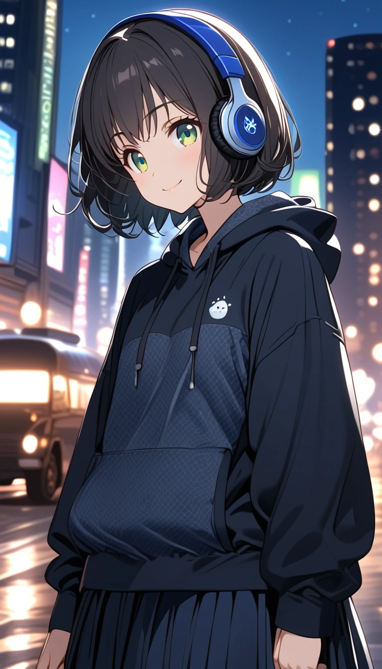 {{{masterpiece}}}, {{{ top quality }}}, {{ Ultra Details}}, { beautiful,  detail eyes},  1 girl, Alone, (( black hair)),  bob cut, (( green eyes)), (wavy hair ), (pattsun maegami), Black headphones, (cute black patterned hoodie ), cool black hat ,( cute black long skirt), is a smiling face ,tooth,pattsun maegami,Midea, Black Hoodie , jade colored eyes,Night City,
