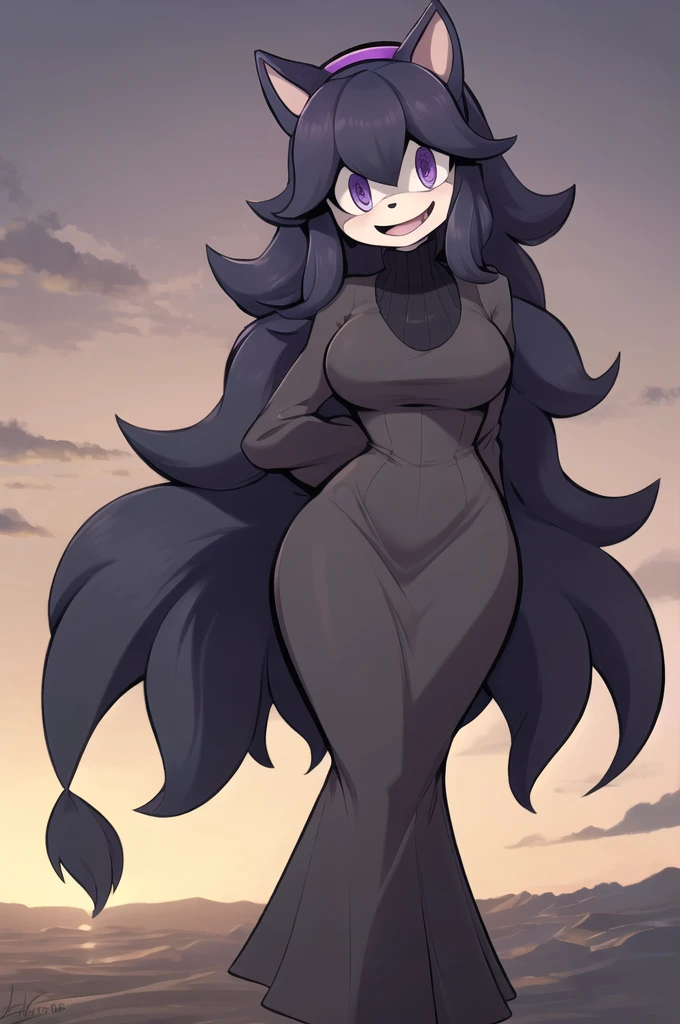 ((masterpiece,best quality)), absurdres, (hex maniac), (pokemon), long hair, ahoge, purple hairband, purple eyes, @_@, long black dress, hex maniac dress, hex maniac outfit, small open mouth, half closed eyelids, looking away from viewer, (shy expression), medium breasts, hourglass figure, cowboy shot, head tilt, full moon, hands behind back, (Mobian), cat, Mobian cat, sonic oc, Sonic the hedgehog series style, solo, 1girl
