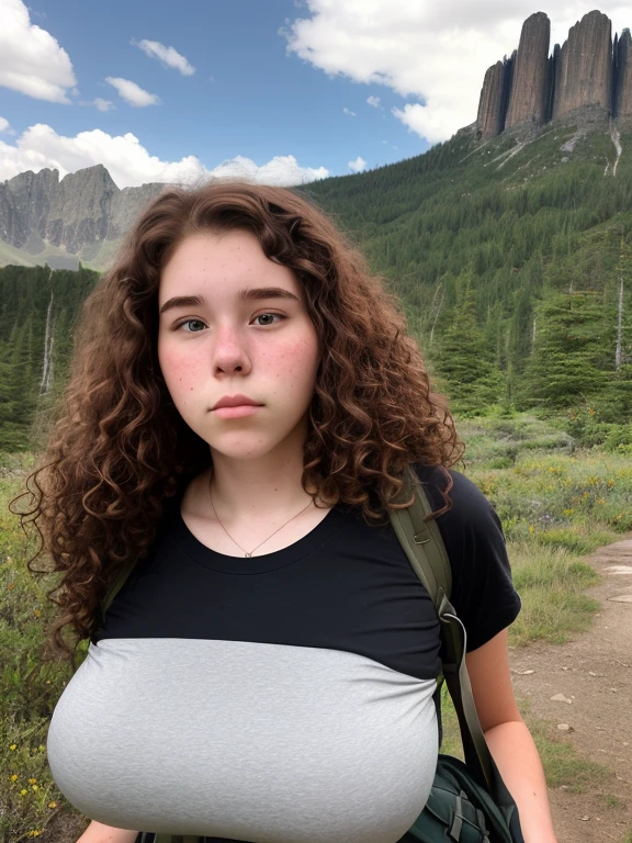 19-year-old lithe American woman, tired, out-of-breath, curly dark auburn hair, plain tee shirt, cargo pants, hiking boots, (long hair), (((big giant enormous oversized massive huge colossal breasts))), back country hiking in the mountains, kiss