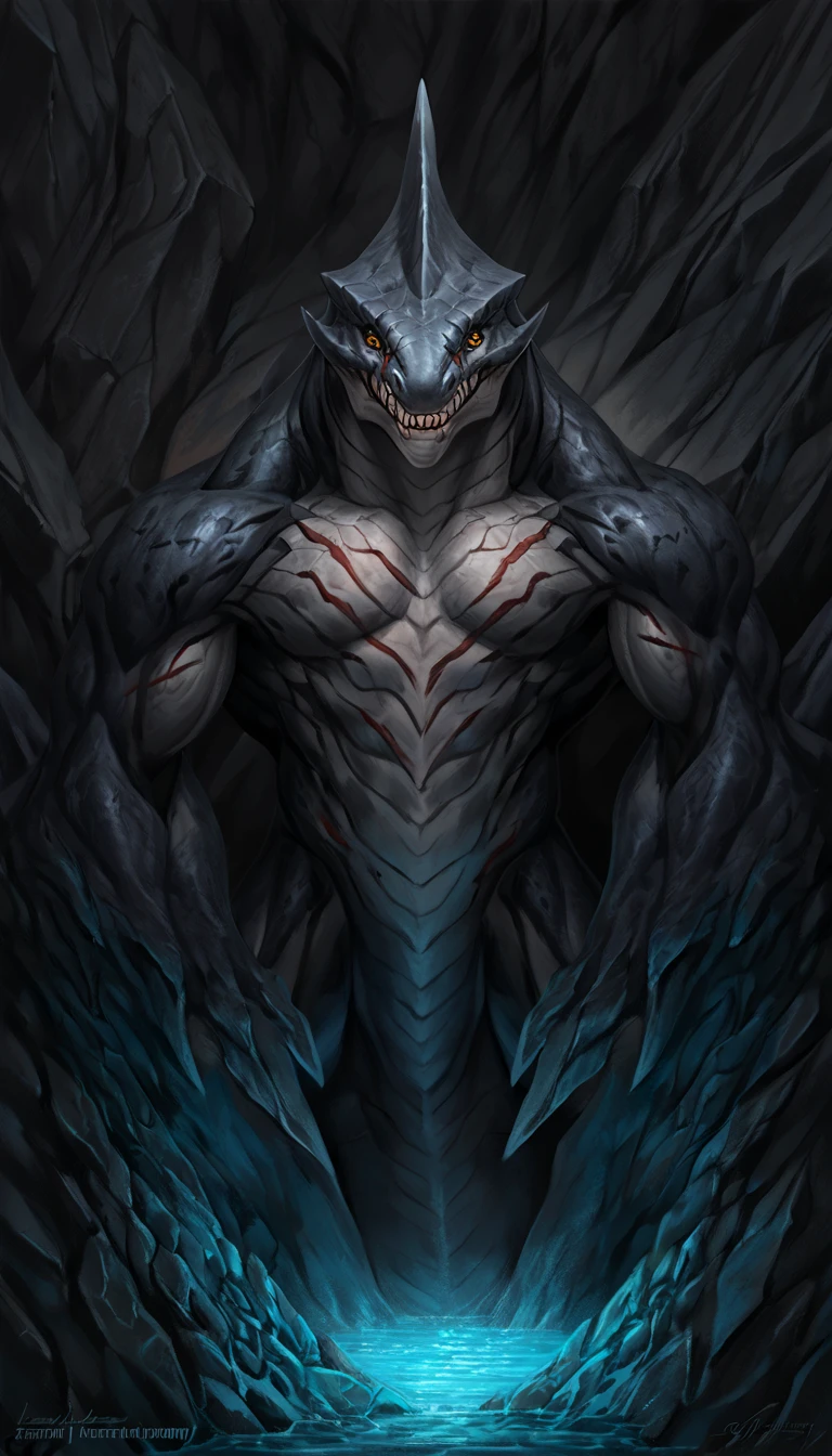 sharkfolk, anthro shark, solo, machina, scaly, detailed skin, experienced predator, monster, grin, gray body, black arms, matte body, toned, muscular anthro, big muscles, scars on body, 1male solo, anthro, muscular, thick neck, thick tail, strong arms and legs, sharp fins, pants, marked jaw, shark snout, water cave scenery, horror, best quality, 4k, ultra-detailed, by laobai, by taran fiddler, by honovy, mechanical corruption