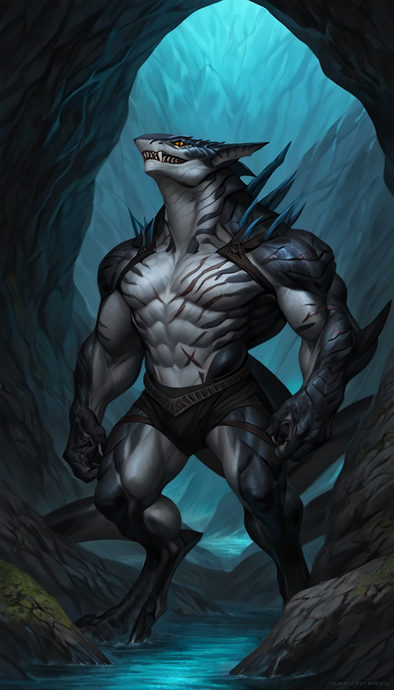 sharkfolk, anthro shark, solo, machina, scaly, detailed skin, experienced predator, monster, grin, gray body, black arms, matte body, toned, muscular anthro, big muscles, scars on body, 1male solo, anthro, muscular, thick neck, thick tail, strong arms and legs, sharp fins, pants, marked jaw, shark snout, water cave scenery, horror, best quality, 4k, ultra-detailed, by laobai, by taran fiddler, by honovy, mechanical corruption