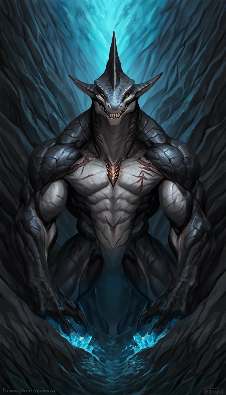 sharkfolk, anthro shark, solo, machina, scaly, detailed skin, experienced predator, monster, grin, gray body, black arms, matte body, toned, muscular anthro, big muscles, scars on body, 1male solo, anthro, muscular, thick neck, thick tail, strong arms and legs, sharp fins, pants, marked jaw, shark snout, water cave scenery, horror, best quality, 4k, ultra-detailed, by laobai, by taran fiddler, by honovy, mechanical corruption