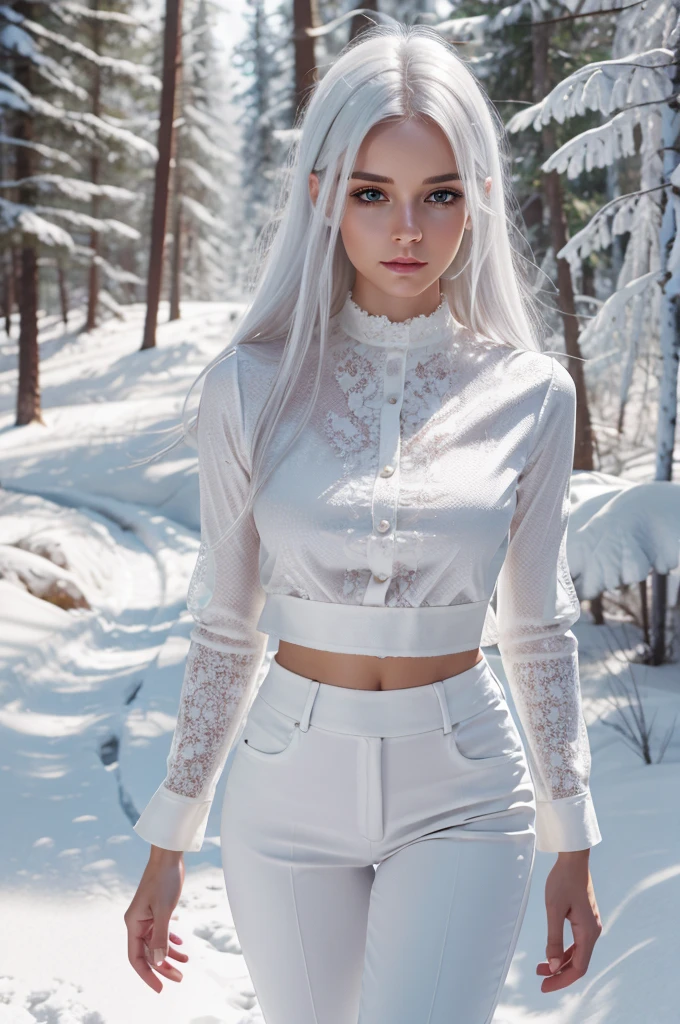 best quality, 8k, very delicate and beautiful, highly detailed face and skin texture, shiny skin, high resolution, sexy white hair european woman in white long sleeves shirt and pants walking in the forest under the snow, sharp focus
