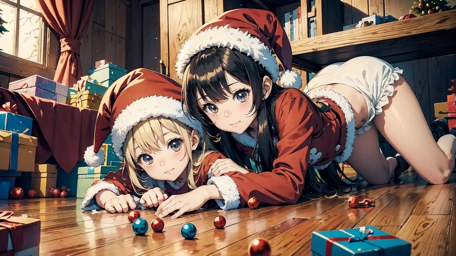 Cute anime Babies, playing, red christmas hat, toys