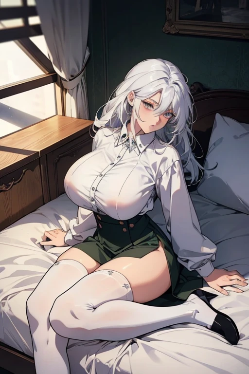  white hair long white hair big breasts，Beauty，JK， white shirt， white shirt墨绿色短裙，Lying down， lying on bed ， Full Body Photo ，dark green skirt ， white over-the-knee stockings，Spread your legs， to reveal the underwear